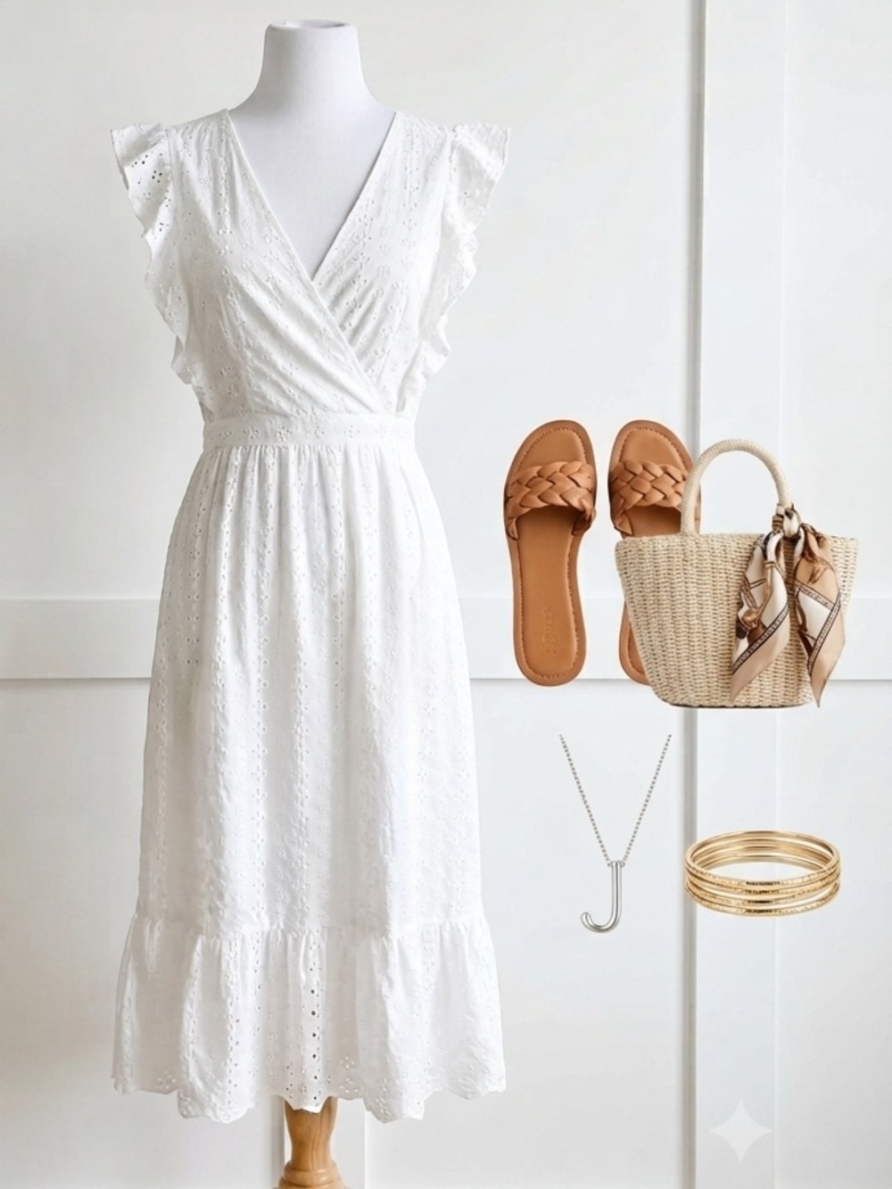 B Darlin White Eyelet Wrap Midi Dress with Ruffle Hem Flutter Sleeve size 15/16
